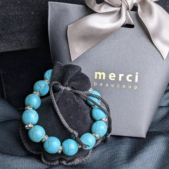 Pretty faux turquoise beaded bracelet with CZ, round shape - Picture 2 of 9